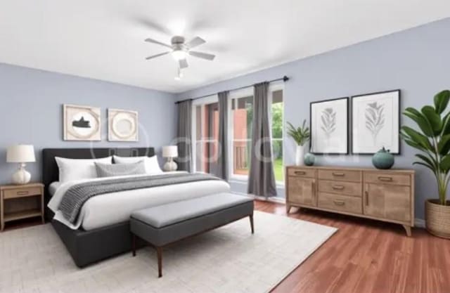534 E Ave J Unit A, Grand Prairie, TX 75050 - bedroom with wood finished floors, access to exterior, and a ceiling fan