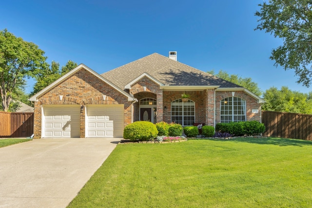view of front of property featuring a garage, brick siding, roof with shingles, concrete driveway, and a chimney