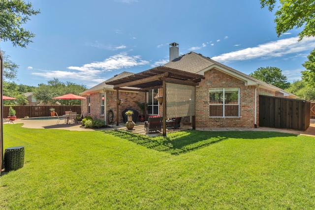 back of house featuring a patio, brick siding, a chimney, and a pergola