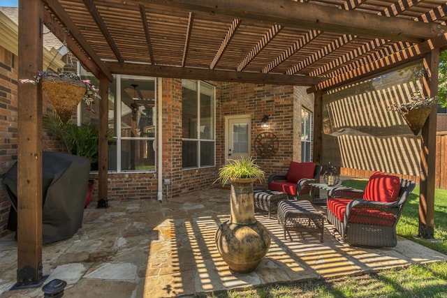 view of patio with a pergola, outdoor lounge area, and a grill