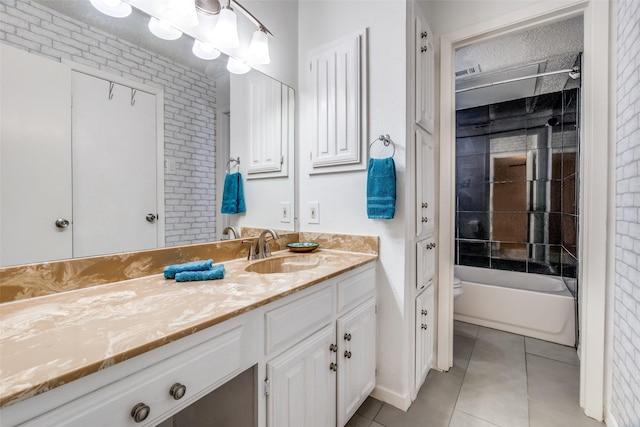 full bathroom with tile patterned floors, vanity,  shower combination, and brick wall