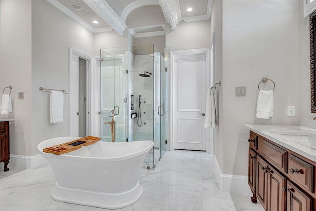 3026 Briarwood Ln, Frisco, TX 75034 - full bath featuring vanity, ornamental molding, a stall shower, a freestanding tub, and marble tiled flooring