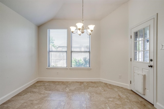 5232 Buffalo Gap Trl, Fort Worth, TX 76126 - unfurnished dining area with a chandelier, healthy amount of natural light, vaulted ceiling, and baseboards