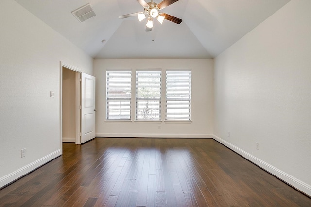 5232 Buffalo Gap Trl, Fort Worth, TX 76126 - empty room featuring a ceiling fan, vaulted ceiling, dark wood-style floors, and baseboards