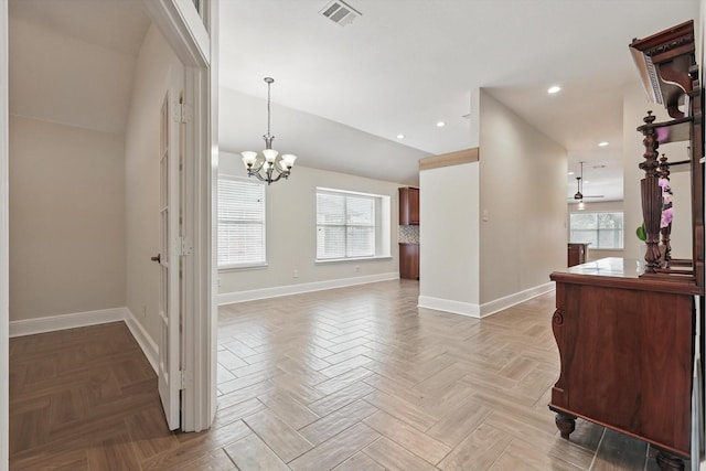 217 Arabian Rd, Waxahachie, TX 75165 - corridor featuring baseboards, a chandelier, vaulted ceiling, and recessed lighting
