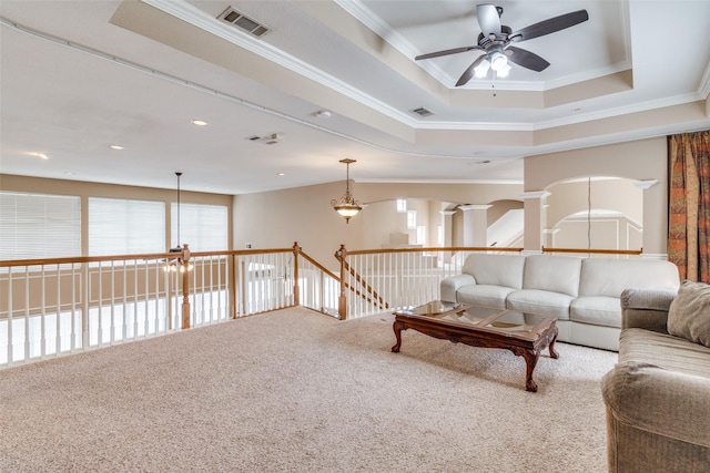 2001 Longfellow Ln, Flower Mound, TX 75028 - carpeted living room featuring ceiling fan, crown molding, a raised ceiling, and recessed lighting