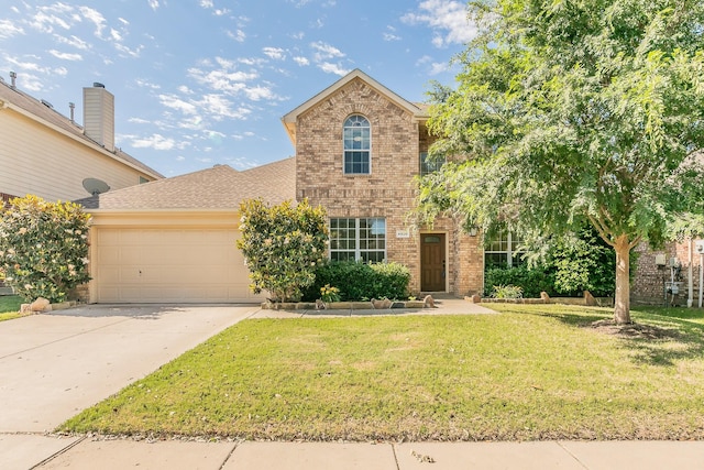 4820 Rum St, Fort Worth, TX 76244 - traditional-style home with brick siding, an attached garage, a front lawn, concrete driveway, and a shingled roof