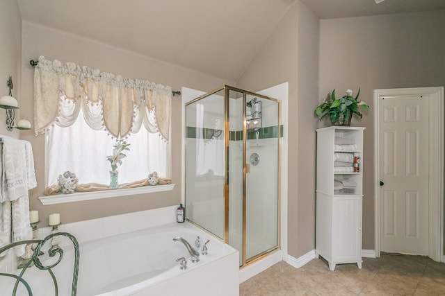 4820 Rum St, Fort Worth, TX 76244 - bathroom with a stall shower, a bath, lofted ceiling, and tile patterned floors