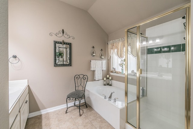 4820 Rum St, Fort Worth, TX 76244 - full bath with vanity, lofted ceiling, a bath, a shower stall, and baseboards