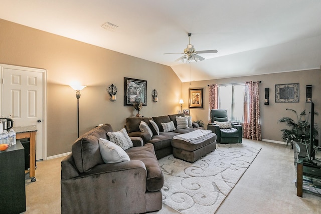 4820 Rum St, Fort Worth, TX 76244 - living room with light carpet, a ceiling fan, vaulted ceiling, and baseboards