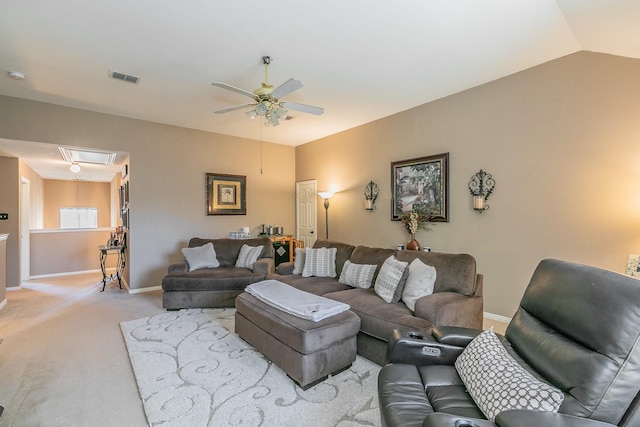 4820 Rum St, Fort Worth, TX 76244 - living room featuring attic access, light colored carpet, ceiling fan, baseboards, and lofted ceiling
