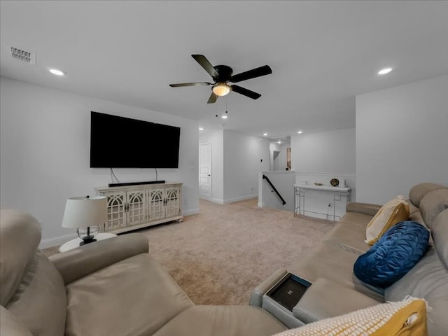 3605 Keechi Creek Dr, Celina, TX 75078 - living room featuring recessed lighting, ceiling fan, baseboards, and carpet flooring