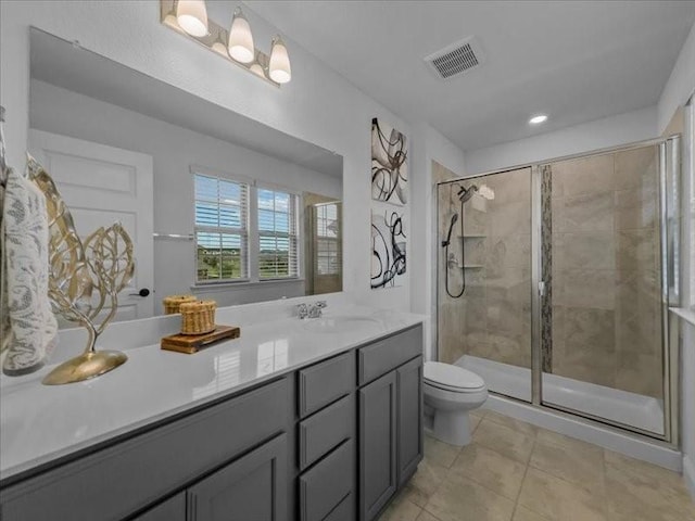 3605 Keechi Creek Dr, Celina, TX 75078 - full bath featuring a shower stall, tile patterned flooring, vanity, toilet, and recessed lighting