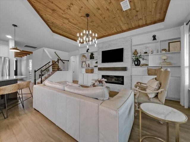 3605 Keechi Creek Dr, Celina, TX 75078 - living area with a tray ceiling, wood ceiling, built in shelves, stairway, and a fireplace