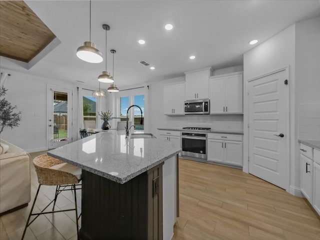 3605 Keechi Creek Dr, Celina, TX 75078 - kitchen featuring appliances with stainless steel finishes, a sink, a breakfast bar area, an island with sink, and light stone counters