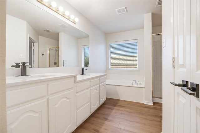 9103 Aristocrat Ln, Frisco, TX 75033 - full bathroom featuring a stall shower, wood finished floors, a garden tub, and double vanity