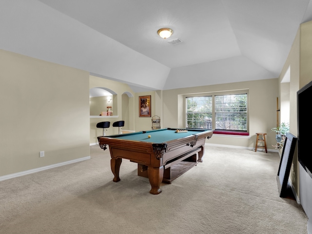 1217 Mandeville Dr, Murphy, TX 75094 - rec room featuring light colored carpet, pool table, baseboards, and vaulted ceiling