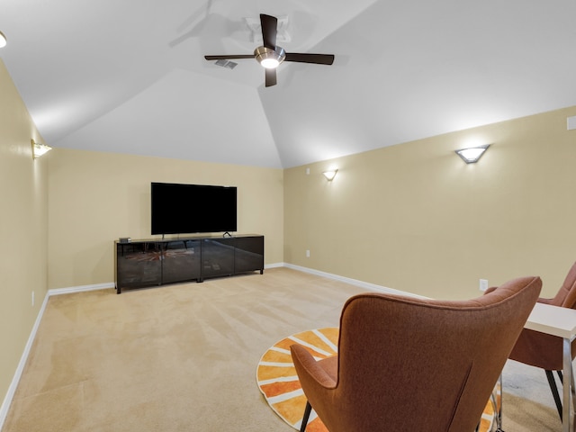 1217 Mandeville Dr, Murphy, TX 75094 - living area featuring vaulted ceiling, light carpet, baseboards, and a ceiling fan