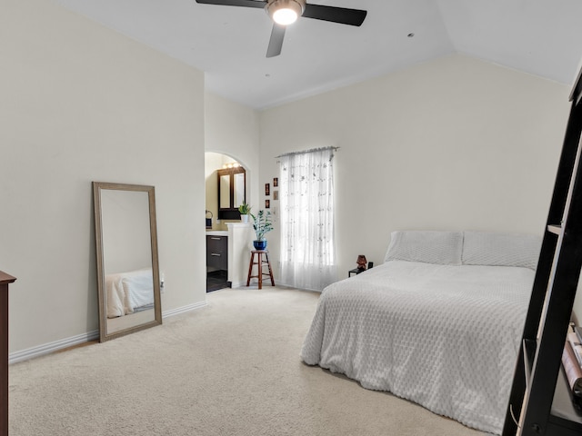 1217 Mandeville Dr, Murphy, TX 75094 - bedroom featuring carpet floors, lofted ceiling, arched walkways, a ceiling fan, and ensuite bath