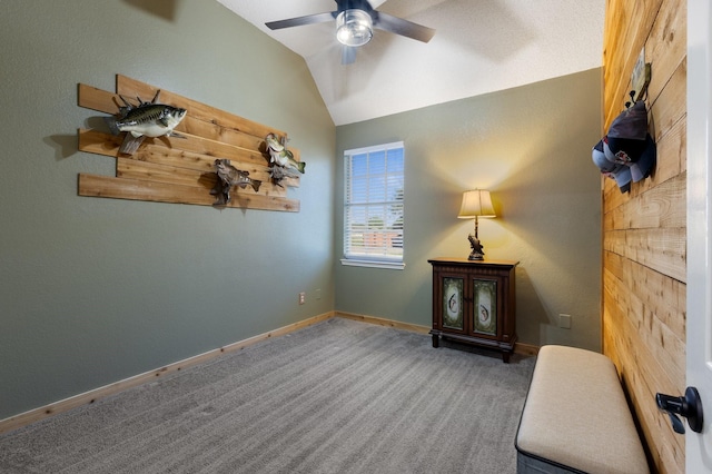 7601 Silverthorn, Rowlett, TX 75089 - unfurnished room featuring a ceiling fan, lofted ceiling, carpet floors, and baseboards