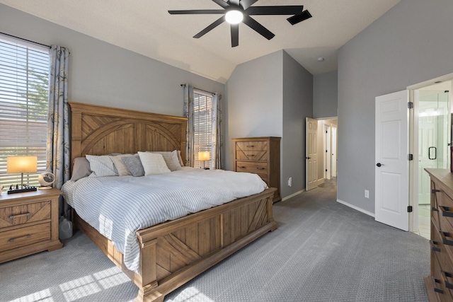 7601 Silverthorn, Rowlett, TX 75089 - bedroom with carpet, baseboards, multiple windows, ceiling fan, and high vaulted ceiling