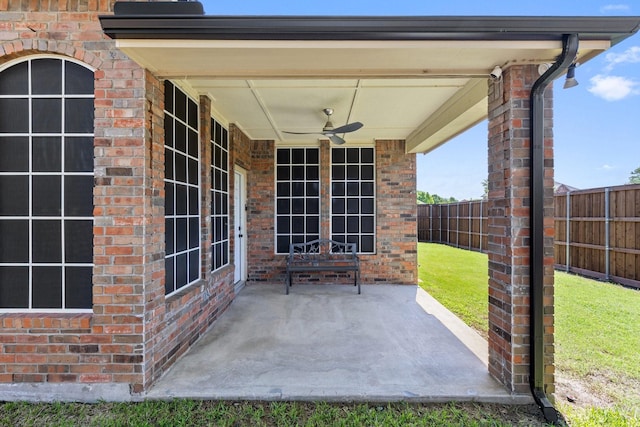7601 Silverthorn, Rowlett, TX 75089 - view of patio / terrace with ceiling fan, a fenced backyard, and french doors