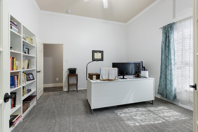 7601 Silverthorn, Rowlett, TX 75089 - carpeted office space with ornamental molding, a ceiling fan, and baseboards