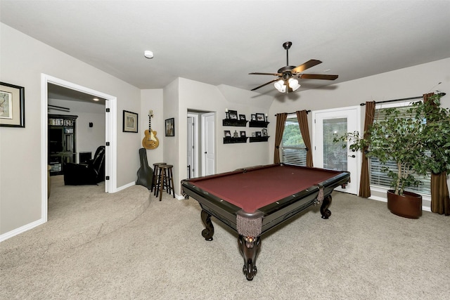2401 Portwood Way, Fort Worth, TX 76179 - game room featuring billiards, light colored carpet, ceiling fan, and baseboards
