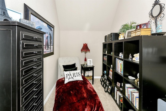 2401 Portwood Way, Fort Worth, TX 76179 - sitting room featuring carpet floors, vaulted ceiling, and baseboards