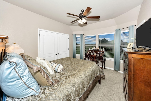 2401 Portwood Way, Fort Worth, TX 76179 - bedroom with light colored carpet, baseboards, a ceiling fan, and vaulted ceiling