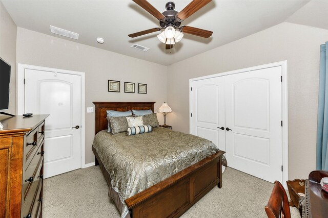2401 Portwood Way, Fort Worth, TX 76179 - bedroom with light colored carpet, a ceiling fan, and a closet