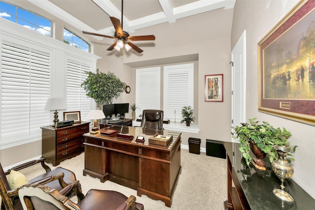 2401 Portwood Way, Fort Worth, TX 76179 - office area featuring ceiling fan, beamed ceiling, coffered ceiling, light carpet, and baseboards