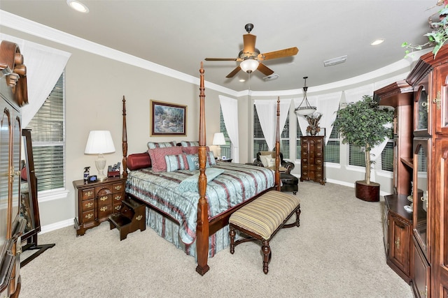 2401 Portwood Way, Fort Worth, TX 76179 - bedroom with light carpet, baseboards, recessed lighting, ornamental molding, and a ceiling fan