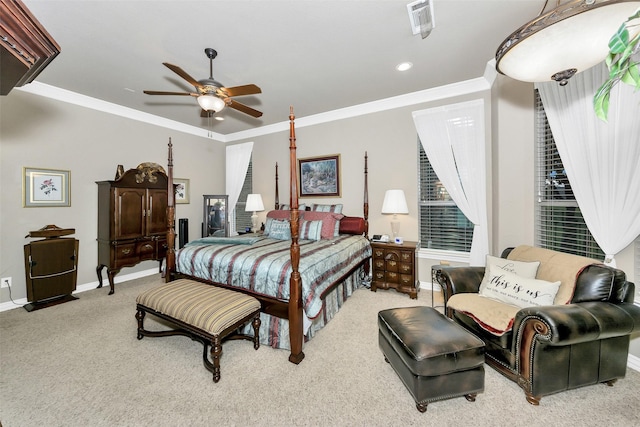2401 Portwood Way, Fort Worth, TX 76179 - bedroom featuring baseboards, carpet, ornamental molding, a ceiling fan, and recessed lighting