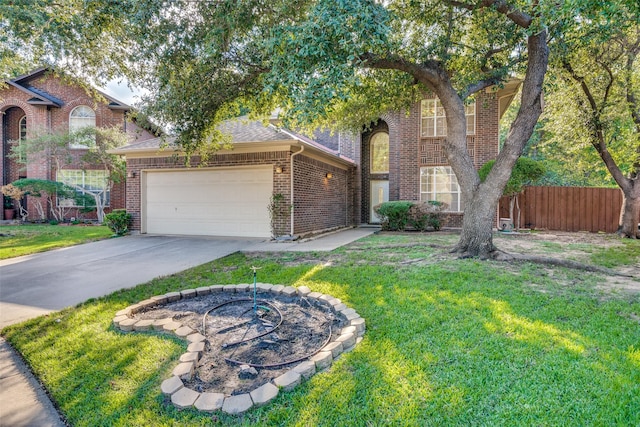 traditional home with an attached garage, concrete driveway, and brick siding