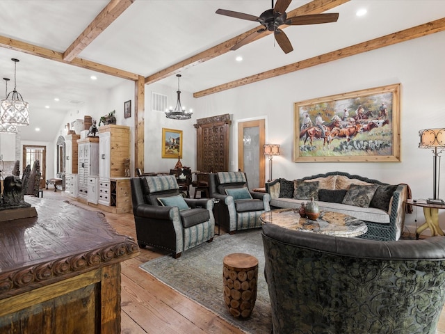 living room featuring a chandelier, wood-type flooring, beamed ceiling, ceiling fan, and recessed lighting