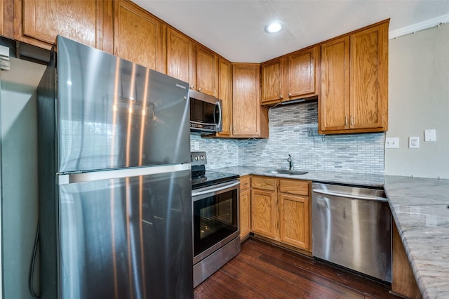 kitchen featuring stainless steel appliances, a sink, dark wood finished floors, backsplash, and brown cabinets