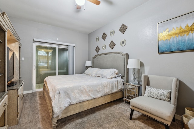 400 Crooked Ln, Mesquite, TX 75149 - bedroom featuring dark colored carpet, access to exterior, and ceiling fan