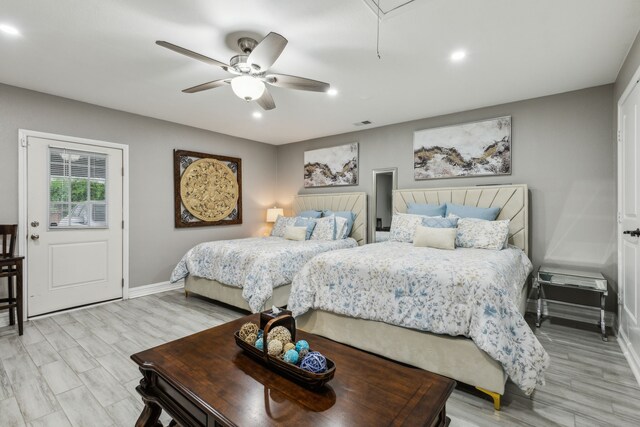 400 Crooked Ln, Mesquite, TX 75149 - bedroom with attic access, baseboards, recessed lighting, a ceiling fan, and light wood-style floors