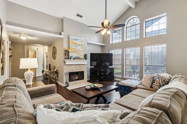 400 Crooked Ln, Mesquite, TX 75149 - living area featuring high vaulted ceiling, wood finished floors, ceiling fan, baseboards, and a fireplace with flush hearth