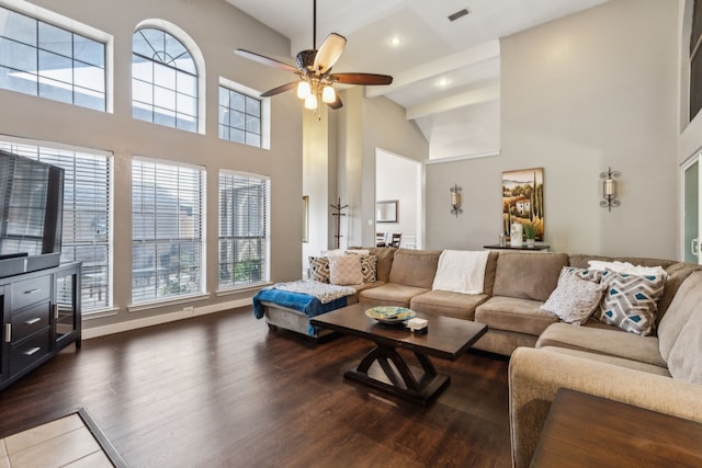 400 Crooked Ln, Mesquite, TX 75149 - living area with ceiling fan, high vaulted ceiling, wood finished floors, recessed lighting, and baseboards