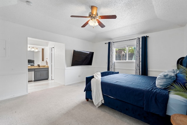 1426 Northridge Dr, Carrollton, TX 75006 - bedroom with light carpet, a chandelier, a textured ceiling, connected bathroom, and a ceiling fan
