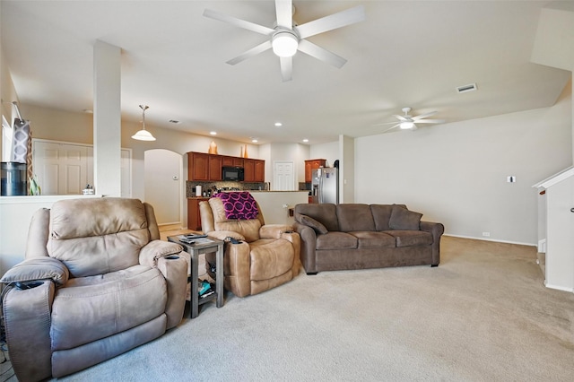 1418 Ravenwood Dr, Mansfield, TX 76063 - living area with a ceiling fan, light carpet, arched walkways, recessed lighting, and baseboards