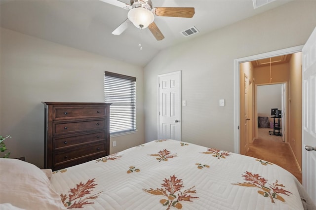 1418 Ravenwood Dr, Mansfield, TX 76063 - bedroom featuring attic access, vaulted ceiling, ceiling fan, and carpet