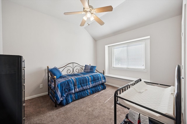 bedroom featuring carpet, vaulted ceiling, ceiling fan, and baseboards