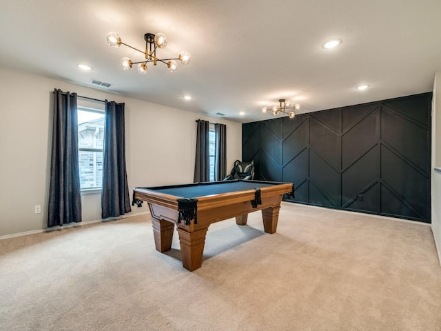 3305 Brentwood Cv, Forney, TX 75126 - recreation room featuring a chandelier, light carpet, billiards table, recessed lighting, and baseboards