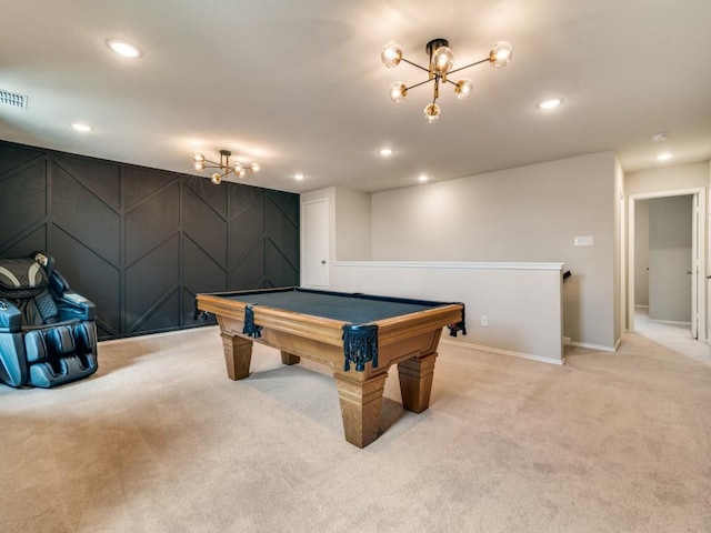 3305 Brentwood Cv, Forney, TX 75126 - game room with light colored carpet, a chandelier, billiards, a decorative wall, and recessed lighting