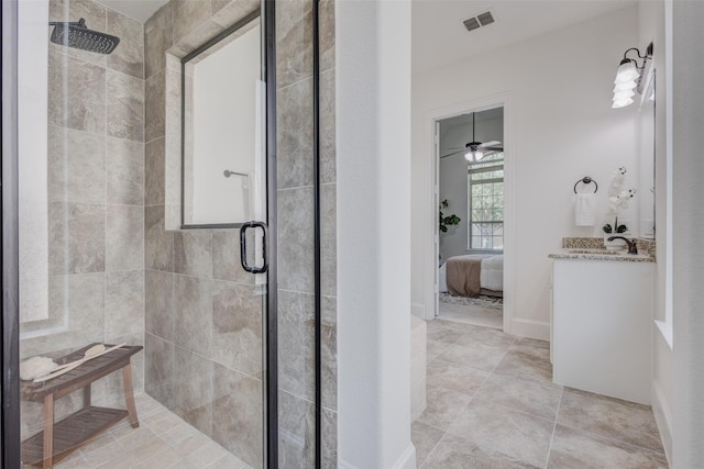 901 Clear Water Dr, Allen, TX 75013 - ensuite bathroom with a shower stall, vanity, and ceiling fan
