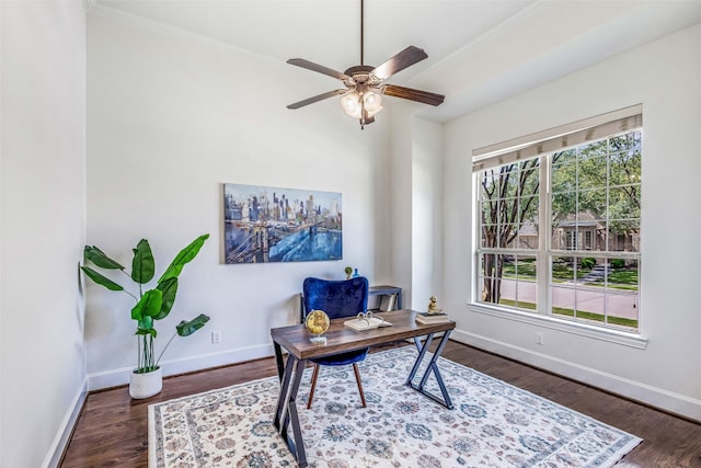 901 Clear Water Dr, Allen, TX 75013 - office space with baseboards, wood finished floors, ornamental molding, and a ceiling fan