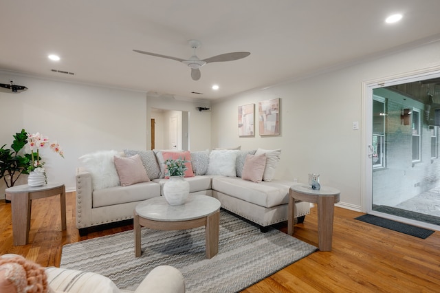5820 Forest Ln, Dallas, TX 75230 - living room featuring ornamental molding, light wood finished floors, recessed lighting, a ceiling fan, and baseboards